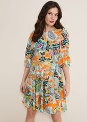 Azalia Paisley Linen Swing Dress - Orange/Multi