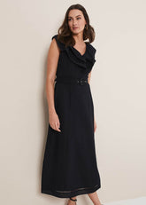 Julieta Frill Broderie Linen Midi Dress - Black