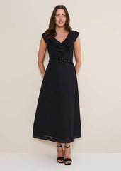 Julieta Frill Broderie Linen Midi Dress - Black
