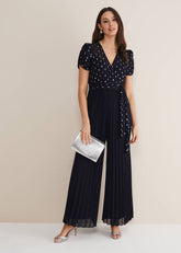 Molli Spot Pleated Jumpsuit - Navy