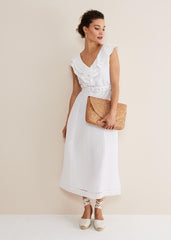 Julieta White Linen Ruffle Broderie Midi Dress - White