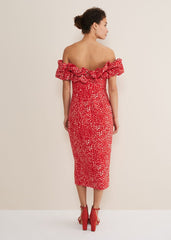 Senita Off Shoulder Ditsy Dress - Red/Multi