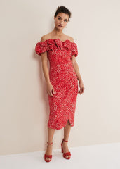 Senita Off Shoulder Ditsy Dress - Red/Multi