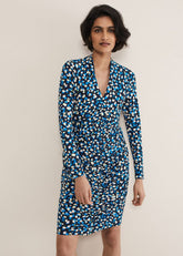 Juno Ruched V Neck Dotty Bodycon Dress - Blue Multi