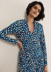 Juno Ruched V Neck Dotty Bodycon Dress - Blue Multi