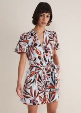 Vivian Linen Leaf Print Playsuit - Aqua/Multi