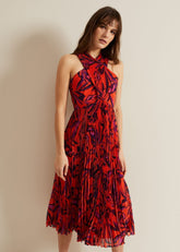 Sorella Pleated Midi Dress - Vermillion/multi