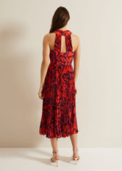 Sorella Pleated Midi Dress - Vermillion/multi