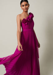 Minnie One Shoulder Pleated Maxi Dress - Magenta