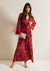 Briella Jersey Leaf Print Maxi Dress - Vermillion/multi