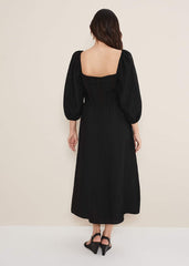 Shola Linen Ruched Bodice Dress - Black