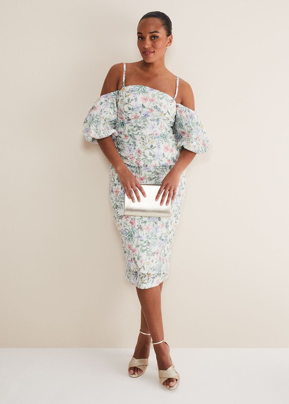 Stevie Floral Bodycon Midi Dress - Ivory/Multi