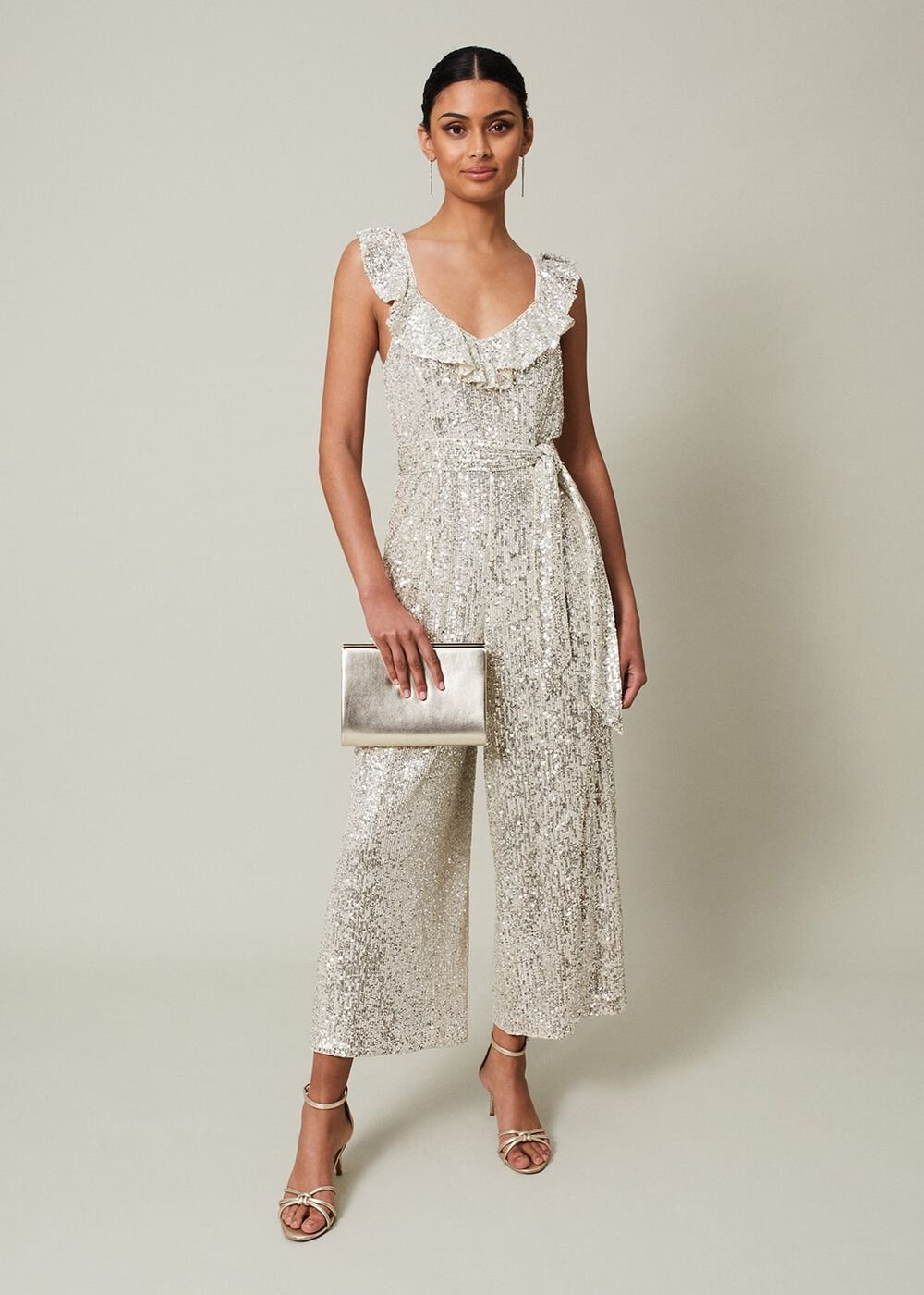 Tazanna Sequin Wide Leg Jumpsuit - Silver