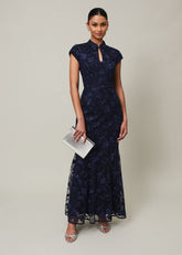 Navy Bodycon Maxi Dress with Embroidered Floral Pattern - Navy