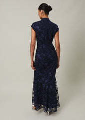 Navy Bodycon Maxi Dress with Embroidered Floral Pattern - Navy