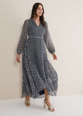 Roxanna Pleated Diamond Maxi Dress - Navy/Ivory