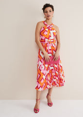 Yas Abstract Halterneck Midi Dress - Pink/Orange