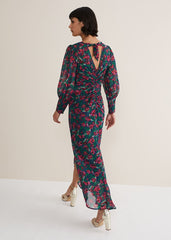 Multicoloured Floral Midi Dress with a Ruched V-Neck - Multi-Coloured