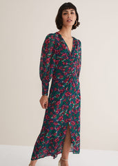 Multicoloured Floral Midi Dress with a Ruched V-Neck - Multi-Coloured