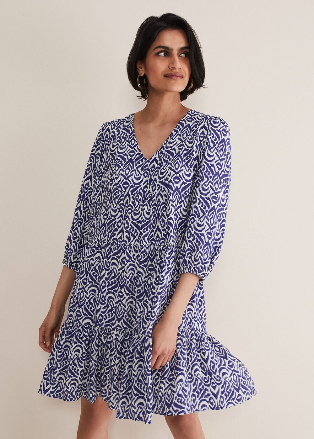 Alicia Ikat Swing Mini Dress - Blue/Ivory