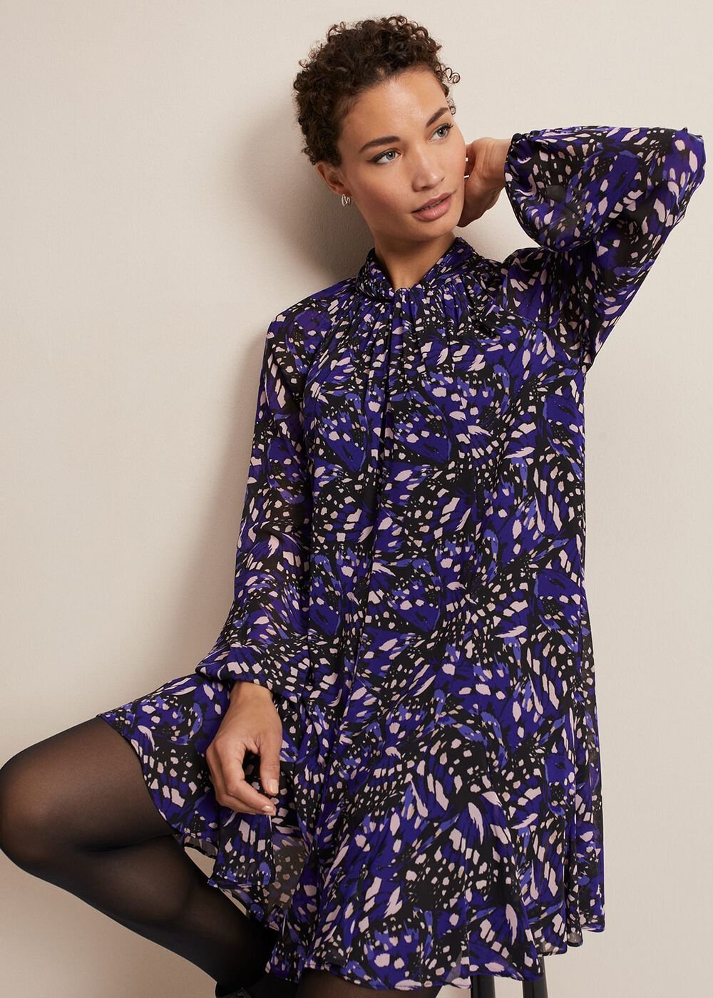 Blue Multicoloured Swing Mini Dress with Long Sleeves - Multi-Coloured