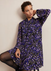 Blue Multicoloured Swing Mini Dress with Long Sleeves - Multi-Coloured