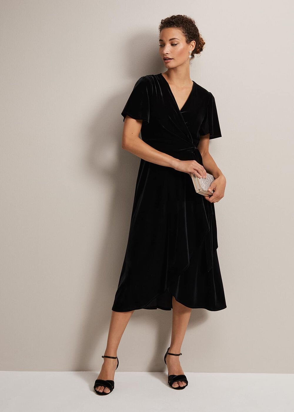 Julissa Velvet Ruffle Wrap Midi Dress - Black