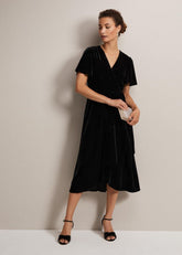 Julissa Velvet Ruffle Wrap Midi Dress - Black
