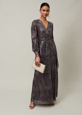 Sequin Maxi Dress with Long Sleeves & Wrap Around Bodice - Rose Gold