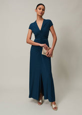 Ruched Maxi Dress with V-Neck & Short Sleeves in Teal - Teal