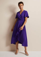 Purple Ruffle Wrap Midi Dress with V-Neck - Purple