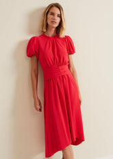 Paulina Coral Puff Sleeve Midi Dress - Coral