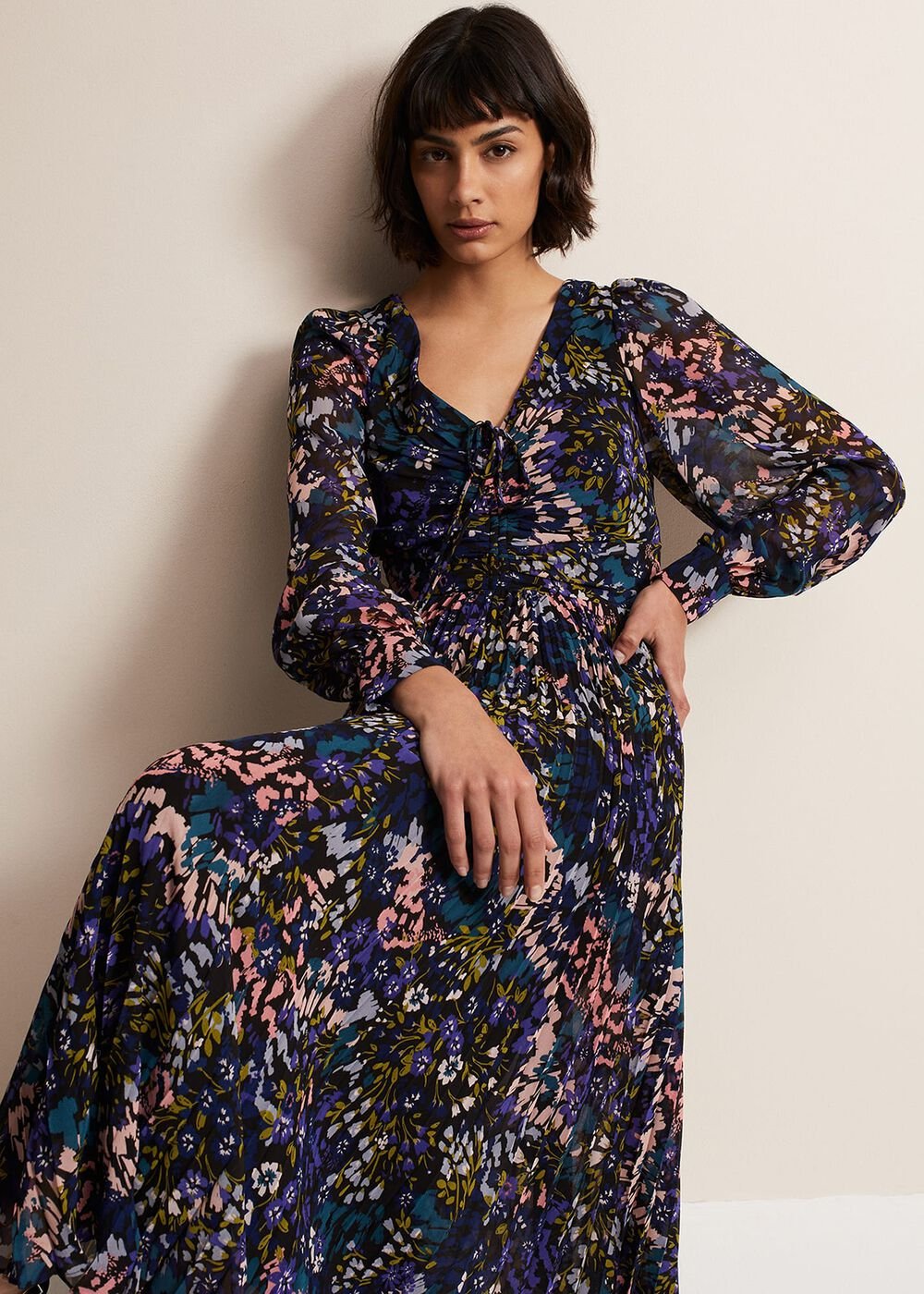 Navy Multicoloured Tie Front Floral Pleated Midi Dress - Multi-Coloured
