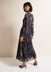 Navy Multicoloured Tie Front Floral Pleated Midi Dress - Multi-Coloured