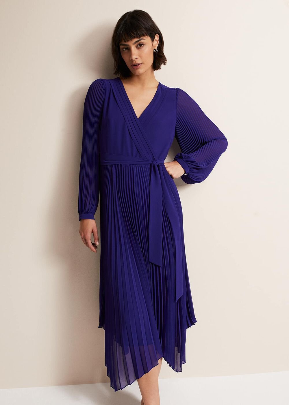 Cobalt Blue Long Sleeve Pleated Midi Wrap Dress - Cobalt