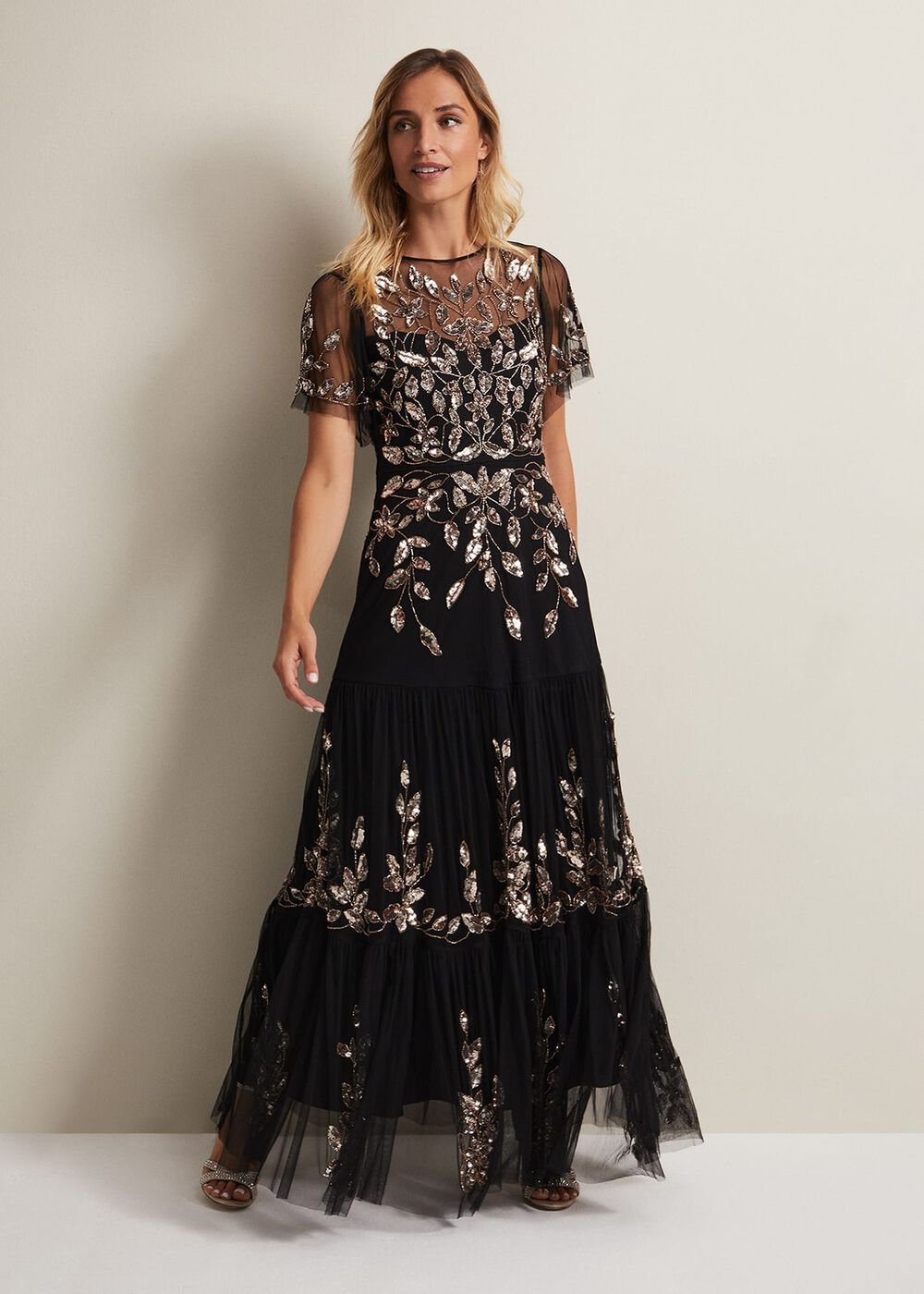 Hilary Beaded Tiered Maxi Dress - Black