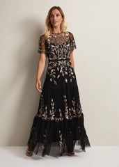 Hilary Beaded Tiered Maxi Dress - Black