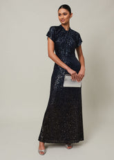 Navy Blue Ombre Sequin Maxi Dress Twisted Neckline - Navy