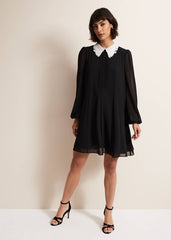 Black Swing Mini Dress with White Embroidered Collar - Black/Ivory