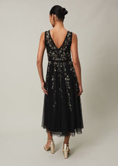Marissa Floral Embellished Midi Dress - Black