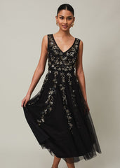 Marissa Floral Embellished Midi Dress - Black