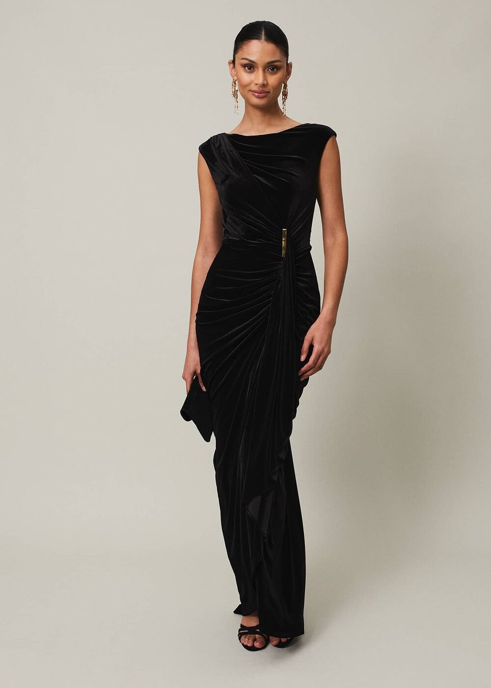 Black Velvet Sleeveless Wrap Maxi Dress - Black