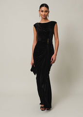 Black Velvet Sleeveless Wrap Maxi Dress - Black
