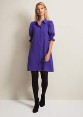 Purple Button Up Midi Dress With Ruched Sleeves - Purple