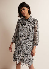 Black & White Zebra Print Button Down Shirt Dress - Stone/Ivory