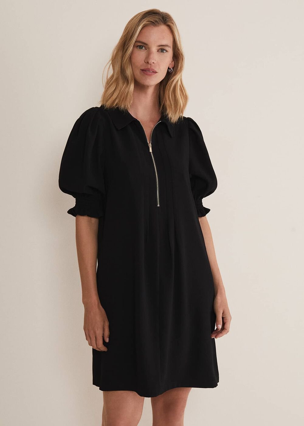 Black Zip Up Mini Dress With Frill Sleeve Cuffs - Black