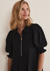Black Zip Up Mini Dress With Frill Sleeve Cuffs - Black