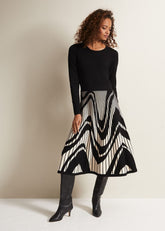 Black & White Fit & Flare Midi Dress with Abstract Print - Black/Ivory