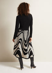 Black & White Fit & Flare Midi Dress with Abstract Print - Black/Ivory