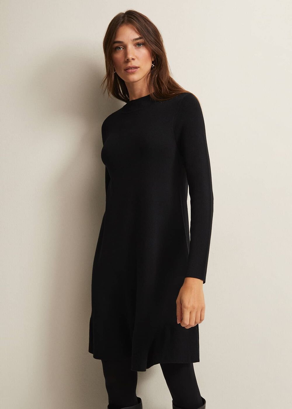 Black Fine Knit Mini Dress with Long Sleeves - Black